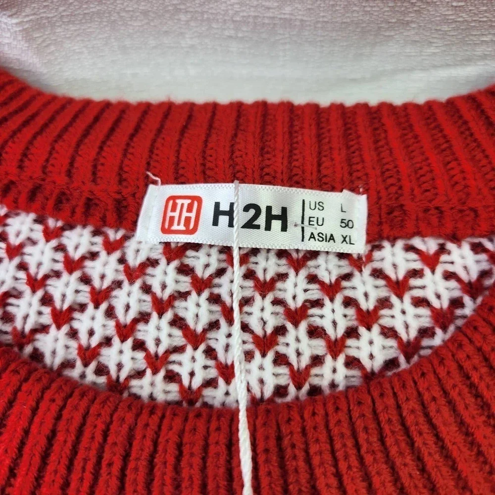 H2H Christmas Sweater Mens Large Red Santa Reindeer Snowflake Festive Knit